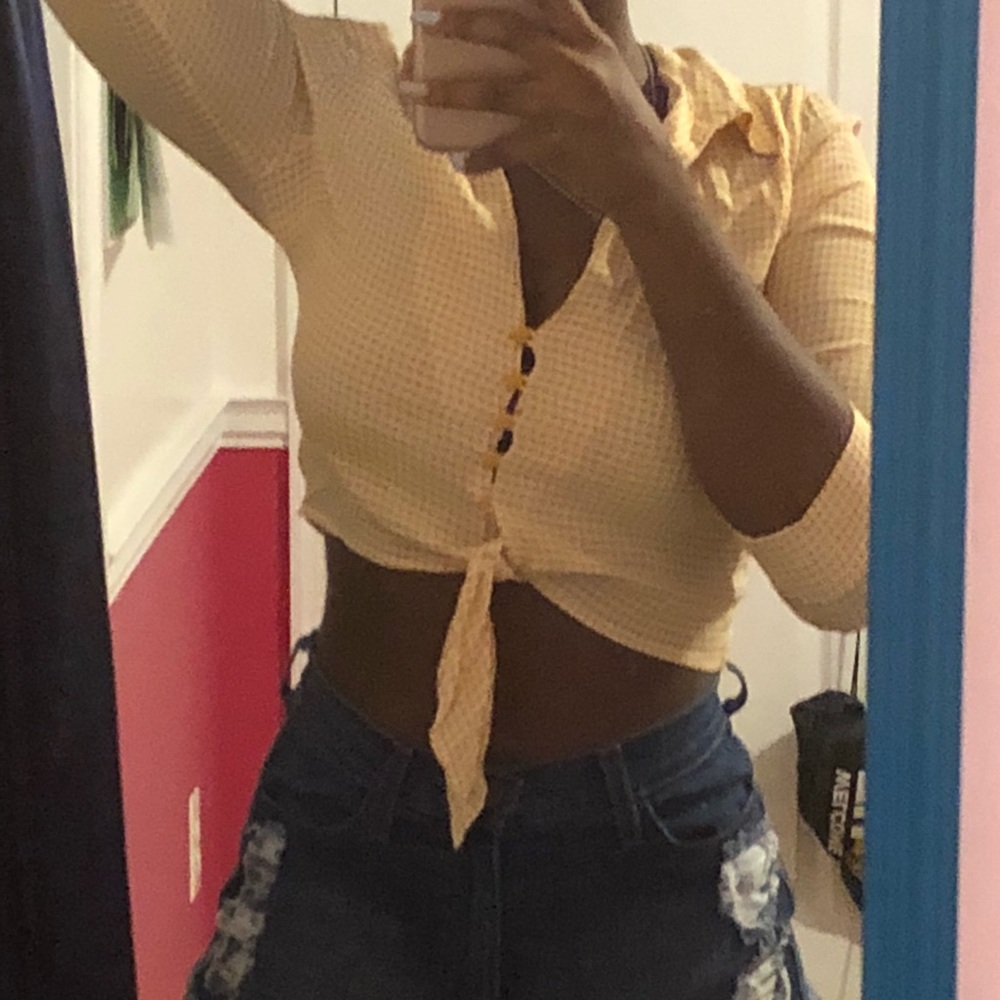 Vintage plaid button up tie crop top